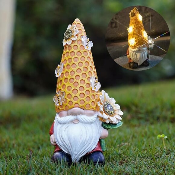 Garden Gnomes Outdoor Statues for Garden Decor with Solar Bee Lights - Picture 1 of 7